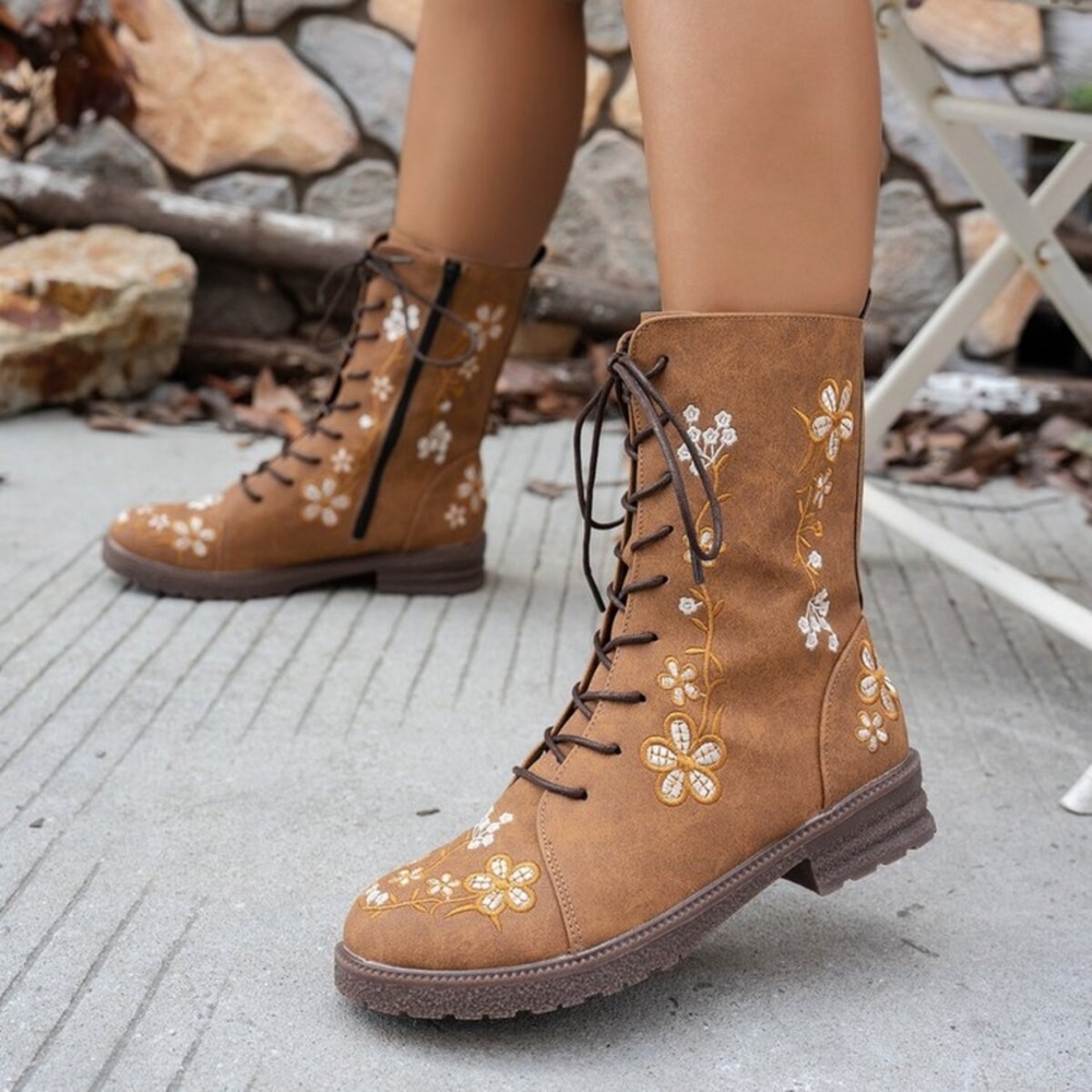 Embroidered Floral Round Toe Victorian-Inspired Block Heel Boots Lace-up Shoes